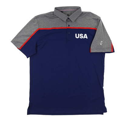 New W/ Logo Mens Adidas USA Golf Polo Medium M Dark Blue/Grey MSRP $80 FJ7884